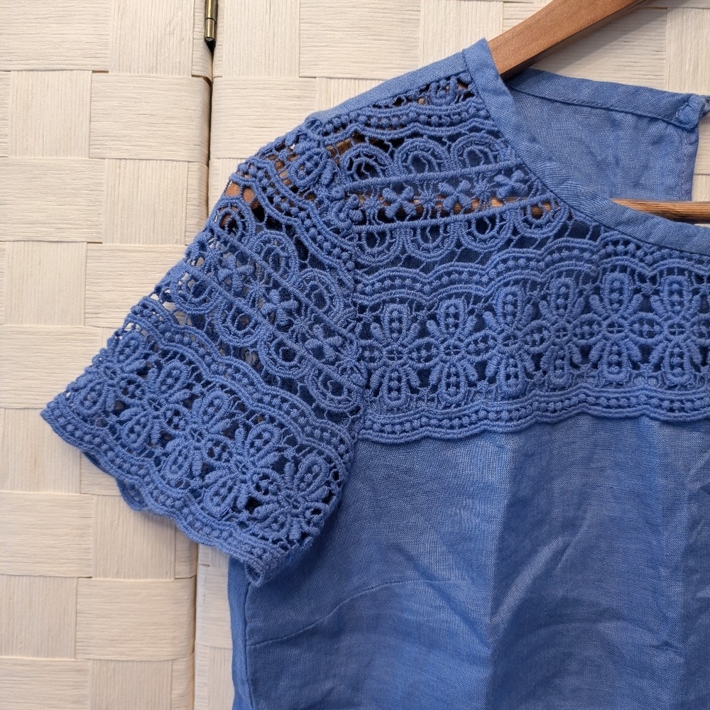 J.Crew Blue 100% Linen‎ Crochet Lace Yoke Short Sleeve Top C3489 Size 0 - Picture 4 of 14